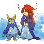 1:1 alternate_species bandai_namco bottomwear clothing cosplay duo female generation_4_pokemon hair hitec human humanized japanese_text luke_fon_fabre mammal nintendo pants pokemon pokemon_(species) pokemon_trainer prinplup red_hair tales_of_(series) tales_of_the_abyss text