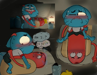 anthro awkward_moment blush blushing_profusely camping_tent clothed clothing duo erection erection_under_clothing fully_clothed hug hugging_another in_sleeping_bag looking_away male male/male on_top screenshot_redraw thought_bubble unwanted_erection young chimeracocks cartoon_network the_amazing_world_of_gumball gumball_watterson hot_dog_guy_(tawog) felid feline mammal colored_sketch hi_res redraw sketch