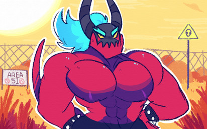 abs blue_hair bracelet chain-link_fence fence grass hair hand_behind_back hand_on_hip horn jewelry male muscular muscular_male orange_eyes pecs plant red_body sign solo spiked_bracelet spikes sun text clawzetto sega sonic_the_hedgehog_(series) the_deadly_six zavok alien zeti digital_media_(artwork) english_text