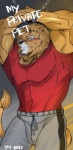 2013 abs anthro biceps big_muscles blush bottomwear bound brown_body brown_fur bulge clothing felid fur hentist hi_res lion male mammal muscular muscular_anthro muscular_male pantherine pants pecs shirt shishimaru_genjurou solo submissive submissive_male tail tail_tuft topwear tuft