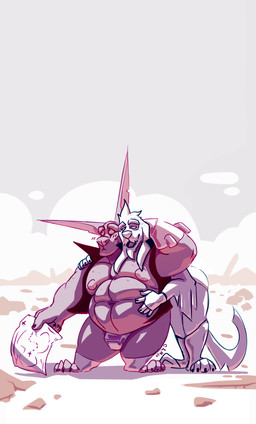 abs anthro big_ears bulge clothed clothing duo front_view glistening glistening_eyes holding_map male male_anthro moobs mouth_closed muscular muscular_anthro muscular_male narrowed_eyes nipples notched_ear nude open_clothing open_mouth open_topwear outside overweight overweight_anthro overweight_male purple_body standing topwear white_body chocolateandmilk hi_res