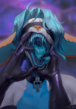 ambiguous_gender anthro armwear bdsm black_latex blindfold blue_body blue_hair blue_teeth blue_tongue blurred_background bodily_fluids clothing collar disembodied_hand drooling duo elbow_gloves fangs finger_fetish finger_in_mouth front_view gloves hair hand_fetish handwear latex latex_armwear latex_clothing latex_elbow_gloves latex_gloves latex_handwear male male/ambiguous male_anthro mouth_hold mouth_play mouth_shot open_mouth orange_body presenting presenting_mouth purple_background saliva saliva_on_finger saliva_on_hand saliva_on_tongue saliva_string simple_background submissive submissive_anthro submissive_male teeth tongue tongue_out white_body german_braga canid canine canis domestic_dog fennec_fox fox husky hybrid mammal nordic_sled_dog spitz true_fox hi_res