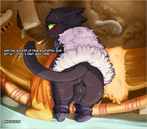 anthro anus armor backsack balls bent_over big_butt biped black_body black_eyebrows black_fur black_inner_ear black_inner_ear_fluff black_penis black_tuft blush blush_lines blushing_at_viewer bodily_fluids boots border bottomless bottomless_anthro bottomless_male breath butt cape cheek_tuft clothed clothed_anthro clothed_male clothing cute_fangs detailed_background dialogue digitigrade digitigrade_boots digitigrade_footwear dripping ears_back embarrassed erection eyebrows facial_tuft fangs flustered footwear fur fur_cape fur_clothing fur_tuft furgonomic_footwear furgonomics genital_fluids genitals glans green_sclera grey_armor grey_boots grey_clothing grey_footwear grey_shoes handpaw head_tuft humanoid_genitalia humanoid_penis ineffective_clothing inner_ear_fluff leaning_on_table long_tail looking_at_viewer looking_back looking_back_at_viewer male male_anthro monotone_body monotone_fur nervous nervous_sweat open_mouth pauldron pawpads paws penis penis_backwards penis_tuck perineum pink_glans pink_nose pink_pawpads pink_tongue pivoted_ears precum precum_drip rear_view shaking shoes short_snout shoulder_guards snout solo standing sweat sweatdrop sweaty_balls sweaty_butt sweaty_genitalia sweaty_penis tail tail_aside talking_to_viewer teeth text thick_thighs tongue trembling tuft unconvincing_armor whiskers white_border white_cape white_clothing white_text minzemilk happy_(lobotodoc) domestic_cat felid feline felis mammal absurd_res artist_name english_text full-length_portrait hi_res portrait shaded