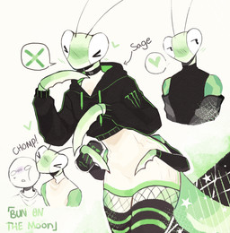4_arms >_< ambiguous_gender antennae_(anatomy) arm_warmers armwear bedroom_eyes bite black_clothing black_hoodie black_legwear black_thigh_highs black_topwear bottomwear breasts can clothing container crop_top cropped_hoodie cross dress duo eyes_closed featureless_character female fishnet_clothing fishnet_leggings fishnet_legwear green_body green_bottomwear green_clothing green_hoodie green_legwear green_skirt green_thigh_highs green_topwear grid heart_symbol hoodie leggings legwear long_sleeves multi_arm multi_limb narrowed_eyes seductive shirt simple_background skirt small_breasts solo star text thigh_highs topwear white_clothing white_dress y/n bunonthemoon monster_energy sage_(bunonthemoon) arthropod human insect mammal mantis digital_media_(artwork) english_text green_theme hi_res