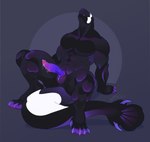 big_tail black_body bodily_fluids claws feet genital_fluids genitals grey_background male multicolored_penis muscular muscular_male penis precum purple_sclera simple_background solo tail kira_adelay demon 2022 hi_res