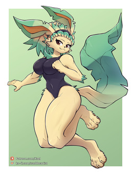 accessory anthro anthrofied breasts clothed clothing female green_background hair hair_accessory leaf leaf_tail leotard pawpads paws pokemorph simple_background smile swimwear tail tied_hair conditional_dnp xael_the_artist nintendo pokemon eeveelution generation_4_pokemon leafeon pokemon_(species) 3:4 absurd_res hi_res