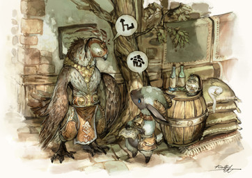 ambiguous_gender anthro bag beak bell bell_collar biped black_body black_skin blindfold blue_eyes bottomwear brown_body brown_feathers chibi clothing collar detailed_background dialogue duo_focus eye_contact falconry_hood feathered_wings feathers featureless_legs feet fur group hood horn kemono looking_at_another map market markings pants plant spots spotted_body spotted_feathers standing symbol tail tail_feathers talons toes tree white_body white_feathers white_fur white_wool wings wool_(fur) ovopack accipitrid accipitriform avian bird bovid caprine domestic_sheep mammal mink mustelid musteline sheep true_musteline 2010 japanese_description pictographics