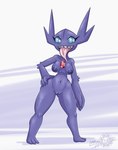 anthro areola breasts eyelashes female gem_eyes genitals hand_on_hip nipples nude number open_mouth purple_body pussy sharp_teeth simple_background solo standing teeth text tongue tongue_out wide_hips latiar nintendo pokemon generation_3_pokemon pokemon_(species) sableye 2020 artist_name digital_media_(artwork) english_text hi_res