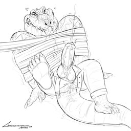 anthro anus balls barazoku bdsm bodily_fluids bondage bottomwear bound clothing cum cum_from_ass cum_in_ass cum_inside cum_on_tail cumshot ejaculation erection foreskin frenum_ladder frenum_piercing front_view gaping gaping_anus genital_fluids genital_piercing genitals heart_symbol humanoid_genitalia humanoid_penis ladder_piercing lying male mouth_closed narrowed_eyes on_back pants penis penis_piercing piercing ribbon_bondage ribbons scrotum_piercing simple_background solo tail tongue tongue_out torn_bottomwear torn_clothing torn_pants crazydrak crocodile crocodilian reptile scalie 1:1 2023 absurd_res dated hi_res monochrome signature sketch