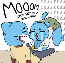 all_fours anthro begging blue_body bodily_fluids breasts bulge cleavage clothed clothing dialogue duo female humor male male/female open_mouth sharp_teeth tears teeth thick_thighs avioylin cartoon_network the_amazing_world_of_gumball gumball_watterson nicole_watterson domestic_cat felid feline felis mammal meme incest_(lore)