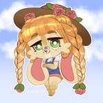 accessory anthro blonde_hair blue_clothing blue_overalls blue_sky braided_hair brown_clothing brown_hat brown_headwear chibi closed_smile clothed clothing cloud female floppy_ears flower flower_in_hair front_view fur green_eyes hair hair_accessory hat headgear headwear looking_at_viewer mouth_closed narrowed_eyes overalls plant sky smile solo standing tan_body tan_fur tiggybloom lagomorph leporid mammal rabbit 1:1 2021 full-length_portrait portrait