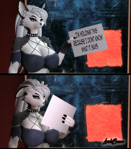 anthro female meme_pose solo lordzbacon hellaverse helluva_boss mythology loona_(helluva_boss) canid canid_demon canine demon hellhound mammal mythological_canine mythological_creature 3d_(artwork) digital_media_(artwork) hi_res