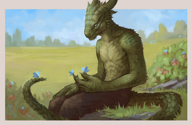 anthro field flower grass happy male plant smile solo siberian-demon dungeons_and_dragons hasbro wizards_of_the_coast ezin_(tristan_the_wolf) arthropod butterfly dragonborn_(dnd) insect lepidopteran scalie hi_res story story_in_description