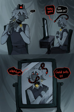 ambiguous_anthro ambiguous_gender anthro bell bell_collar chair clothed clothed_anthro clothing collar dialogue ear_piercing ear_ring fully_clothed fully_clothed_anthro furniture piercing red_eyes ring_piercing sitting speech_bubble text aveloka cult_of_the_lamb massive_monster_(studio) lamb_(cult_of_the_lamb) red_crown_(cult_of_the_lamb) bovid caprine mammal sheep 2025 comic digital_drawing_(artwork) digital_media_(artwork) english_text hi_res