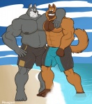 abs anthro beach biceps big_muscles clothing cloud duo fur looking_at_viewer male muscular muscular_male outside pecs photo seaside sky smile standing swimming_trunks swimwear tail wrestler houndgrey oso hound_(character) pro canid canine canis domestic_dog great_dane mammal mastiff molosser 2011