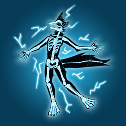 5_fingers anthro arm_tuft biped bone cheek_tuft claws elbow_tuft electric_shock electricity facial_tuft fangs fingers fox_ears fox_tail fur glowing gradient_background head_markings leg_tuft male markings neck_tuft pelvis rib_cage simple_background skeleton skull solo spine spread_arms tail tail_markings teeth toe_claws tuft pazymomo canid canine fox mammal 1:1 2022 black_and_blue digital_drawing_(artwork) digital_media_(artwork) flat_colors hi_res monochrome