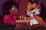 anthro birthday_cake blonde_hair breasts brown_body brown_fur cake collar countershading dessert female food fur gesture green_eyes group hair hand_gesture horn jewelry laugh licking licking_lips micro necklace orange_body orange_fur pointing tongue tongue_out trio white_body white_fur trigaroo anamon_(trigaroo) disma_(trigaroo) virian_(trigaroo) angel demon 2023 hi_res