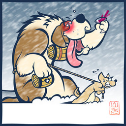 bodily_fluids brown_body brown_fur drunk duo feral fur male outside size_difference snow substance_intoxication sweat tongue tongue_out toony yamainudo canid canine canis domestic_dog mammal 1:1 2009 archived_source low_res