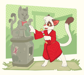 4_fingers 4_toes ambiguous_gender anthro archway asian_clothing blush blush_lines border brown_body brown_ears brown_fur brown_spots brown_tail brown_tail_tip claws clothing dango_(food) dipstick_tail dotted_background east_asian_clothing fangs feet finger_claws fingers food fur head_tuft holding_food holding_object japanese_clothing kimono markings multicolored_body multicolored_fur open_mouth open_smile pattern_background pawpads pink_inner_ear pink_nose pink_pawpads plant red_clothing red_kimono sculpture shrub simple_background smile solo spots spotted_body spotted_face spotted_fur standing statue sticker tail tail_markings teeth toe_claws toes tuft two_tone_body two_tone_fur two_tone_tail white_body white_border white_fur white_tail yellow_sclera bubblepuppers myst_(daxter131) canid canine canis domestic_dog mammal 2024 full-length_portrait hi_res portrait three-quarter_portrait