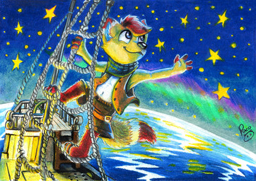 anthro black_nose blue_eyes boat bottomwear brown_bottomwear brown_clothing brown_pants closed_smile clothed clothing cosmic_background fur glistening glistening_eyes hair leg_markings logo male markings mouth_closed navel open_clothing open_topwear open_vest orange_clothing orange_topwear orange_vest pants planet red_body red_fur red_hair short_hair smile socks_(marking) solo space space_background star topwear vehicle vest watercraft white_body white_fur yellow_body yellow_fur young young_anthro young_male pandapaco canid canine mammal artist_logo signature traditional_media_(artwork)