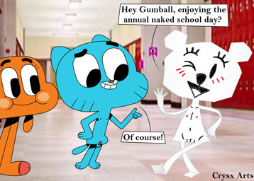 anthro blue_body blush blush_lines crysxarts dialogue female flat_chested genitals gesture group hand_gesture loli male nipples nude nude_female nude_male nudist one_eye_closed open_mouth orange_body penis penis_feet pointing pointing_at_another school school_hallway school_nudity shota simple_background smile trio vulva waiving what white_background wink young young_anthro young_female young_male cartoon_network the_amazing_world_of_gumball darwin_watterson gumball_watterson teri_(tawog) bear domestic_cat felid feline felis fish humanoid mammal marine paper_creature digital_drawing_(artwork) digital_media_(artwork) mixed_media