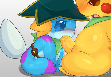 blush clothing duo fellatio feral genitals hat headgear headwear looking_pleasured male male_penetrating open_mouth oral penetration penile penis quadruped sex shadow side_view simple_background tail yellow_body type nintendo pokemon generation_1_pokemon generation_3_pokemon mudkip pikachu pokemon_(species) hi_res
