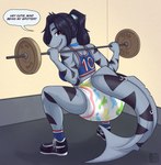 ageplay anthro barbell black_clothing black_footwear black_hair black_markings black_shoes blue_clothing blue_footwear blue_socks blue_topwear clothed clothing crouching diaper exercise female footwear grey_body grin hair infantilism looking_at_viewer markings pattern_diaper roleplay smile socks solo speech_bubble text topwear wearing_diaper weightlifting workout yellow_eyes riddlr mylene_(renderlook) fish marine shark absurd_res english_text hi_res
