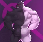 anthro back_muscles barazoku biceps big_muscles black_body black_fur black_nose butt fur genetic_chimerism grin hands_on_hips looking_at_viewer looking_back looking_back_at_viewer male multicolored_body multicolored_fur muscular muscular_anthro muscular_male nude rear_view red_eyes sharp_teeth simple_background smile solo split_color teeth two_tone_body two_tone_fur white_body white_fur tuftbubble danganronpa spike_chunsoft monokuma bear mammal 2021 digital_media_(artwork) hi_res