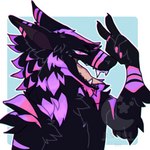 anthro claws fur male patterns simple_background solo stripes teeth teeth_showing tongue tuft unknown_artist neondragonjay sergal 1:1 digital_media_(artwork) half-length_portrait hi_res portrait three-quarter_portrait