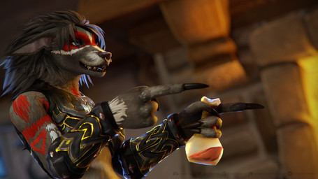 4_fingers anthro armor armwear black_hair black_nose blue_eyes blurred_background bodypaint bottle clothing container drunk ears_down facial_piercing female fingers fur gesture grey_body grey_fur hair hand_gesture nose_piercing nose_ring open_mouth open_smile piercing pivoted_ears pointing ring_piercing smile solo substance_intoxication text topwear thatworgen blizzard_entertainment warcraft destiney_crawford_(thatworgen) canid mammal werecanid werecreature worgen 16:9 2022 3d_(artwork) 4k absurd_res autodesk_3ds_max_(artwork) digital_media_(artwork) hi_res url watermark widescreen