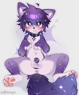 3_toes 4_toes anthro anus balls blush blush_lines bodily_fluids butt chastity_cage chastity_cage_only chastity_device chastity_device_only claws collar collar_only embarrassed feet femboy feral flat_chastity_cage fluffy fluffy_tail fur genitals hair looking_at_viewer lying male male_anthro markings multicolored_body navel nude on_back pawpads paws penis pink_pawpads purple_anus purple_body purple_eyes purple_fur purple_hair purple_tail semi-anthro simple_background solo sparkles spread_legs spreading sweat sweatdrop tail toes tuft wearing_chastity_cage wearing_chastity_device white_body white_fur keshunya neo_(neo_lumen) canid canine canis domestic_cat felid feline felis mammal absurd_res hi_res