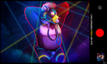animal_mask anthro bdsm bulge clothed clothing collar effects filter fog fur hair jockstrap leash looking_at_viewer male mask multicolored_body multicolored_fur overweight pecs petplay pup_mask puppyplay rave roleplay simple_background smoke solo submissive text topless underwear wearing_mask yellow_pup_mask henryfda needlez bear mammal ursine 2025 5:3 absurd_res artist_name colored digital_drawing_(artwork) digital_media_(artwork) hi_res shaded signature