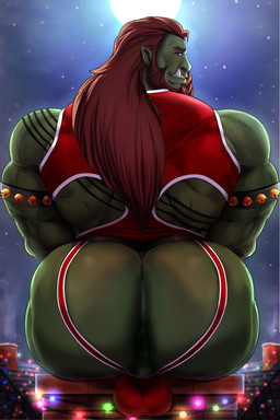 anus armband back_muscles backsack balls beard bell big_butt big_muscles butt butt_focus chimney christmas_decorations christmas_lights clothing facial_hair full_moon genitals green_body green_skin hair holidays jockstrap long_hair looking_at_viewer looking_back male moon muscular muscular_humanoid muscular_male night not_furry outside perineum rear_view sitting sky smile solo star starry_sky tattoo topwear tusks underwear canon15 christmas humanoid mammal orc 2020 2:3 hi_res