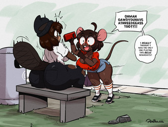 anthro big_butt biped bottomwear breasts brown_body brown_hair butt cleavage clothed clothed_anthro clothed_female clothing duo eyewear female female_anthro footwear glasses hair holding_console huge_butt outside pants red_eyewear red_glasses round_glasses shoes sitting tail text thick_thighs tight_bottomwear tight_clothing tight_pants topwear wearing_glasses joaoppereiraus gwen_geek nintendo nintendo_3ds nintendo_ds_family beatrix_woodland gwen_martin beaver mammal mouse murid murine rodent 2026 english_text