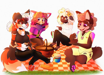 accessory anthro basket bedding blanket bread clothing container cup female food group hooves jar latex latex_clothing latex_legwear legwear male mug one_eye_closed pawpads wink keitfa neva_(keitfa) nitro_(keitfa) bovid canid canine caprine felid feline mammal sheep hi_res