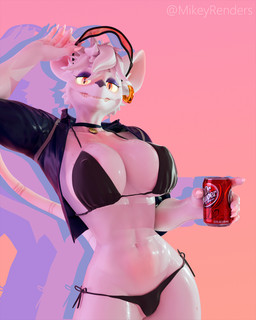anthro beverage big_breasts bikini bodily_fluids breasts claws clothing collar ear_piercing eye_makeup eyewear female freckled_breasts freckled_face freckles glasses glowing glowing_eyes hair inner_ear_fluff jacket looking_at_viewer makeup piercing pink_background simple_background smile smiling_at_viewer solo sweat sweaty_body sweaty_breasts swimwear topwear tuft two-piece_swimsuit white_body white_hair mikeyrenders sanomaly_(modeler) warfaremachine_(modeler) dr_pepper gta_vi_cover_girl officer_flint_(foresttherotten) warfare_flint mammal murid murine rat rodent 3d_(artwork) blender_(artwork) blender_cycles_(artwork) digital_media_(artwork) hi_res