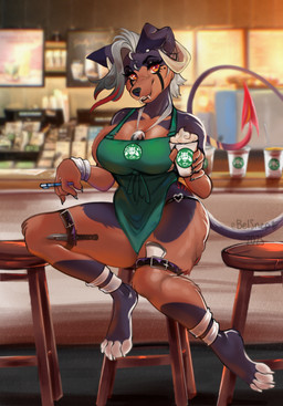 4_toes 5_fingers anthro big_breasts biped breasts brown_body brown_fur claws clothed clothed_anthro clothed_female clothing ear_piercing feet female finger_claws fingers front_view fur grey_body grey_fur grey_hair grey_tail hair holding_object inside looking_at_viewer piercing red_eyes sitting smile solo tail teeth toe_claws toes belsnep nintendo pokemon generation_2_pokemon houndoom pokemon_(species) 2025 digital_drawing_(artwork) digital_media_(artwork) hi_res