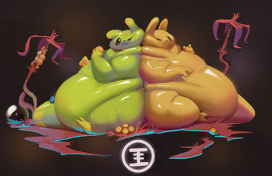 2_toes 3_fingers ambiguous_gender anthro back_to_back belly big_belly big_tail black_eyes blue_fruit_(rain_world) bubble_fruit dewlap_(anatomy) duo eating eating_food feet fingers food glistening glistening_body gluttony green_body holding_food holding_object huge_belly obese obese_ambiguous obese_anthro one_eye_closed orange_body overweight overweight_ambiguous overweight_anthro plant popcorn_plant sitting tail toes citrusslugcat rain_world videocult citrus_(slugcat) gourmand_(rain_world) slugcat