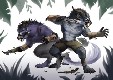 abs anthro bandage biceps blood bodily_fluids bottomwear bullet claws clothed clothing dagger duo fangs female fur gun horn male melee_weapon multi_ear muscular navel pants pecs ranged_weapon scar shorts teeth toe_claws topless weapon hounds-tooth guild_wars syrax charr felid mammal