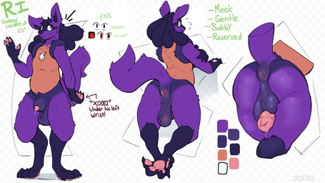 abstract_background alternate_color animal_genitalia animal_penis anthro anus backsack balls blush blush_lines bodily_fluids canine_genitalia canine_penis chest_gem chest_markings dripping fur gem gender_symbol genital_fluids genitals gesture gloves_(marking) leaking_precum leg_markings lipsticking looking_at_viewer looking_back male male_symbol markings multicolored_body multicolored_fur orange_markings pawpads paws penis pink_pawpads pink_penis precum precum_drip precum_string purple_balls purple_body purple_fur purple_markings purple_sheath sheath socks_(marking) solo symbol text waving waving_at_viewer doeboi nintendo pokemon ri_(ri_the_lucario) generation_4_pokemon lucario pokemon_(species) shadow_pokemon 16:9 english_text hi_res model_sheet widescreen