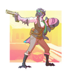 aiming_weapon anthro avian_feet belt clothing eyewear feather_hands feathers feet female gun handgun membrane_(anatomy) necktie pistol ranged_weapon smile solo sunglasses toes topwear vest weapon webbed_feet winged_arms wings sb_torchic counter-strike ikea blahaj alcid avian bird lari little_auk 1:1