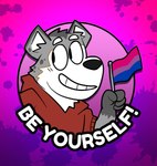 anthro bisexual_male bisexual_pride_colors clothed clothing flag flag_(object) fur holding_flag holding_object hoodie lgbt_pride male paws pride_color_flag pride_colors simple_background smile solo topwear janjauwu gary_anderson hyena mammal spotted_hyena digital_media_(artwork) hi_res