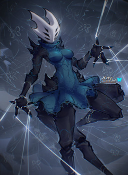 5_fingers 6_eyes anthro black_body black_eyes blue_clothing bluesky_logo breasts clothed clothing empty_eyes female fingers multi_eye multi_leg multi_limb solo text thread white_text hatidraw hollow_knight_(franchise) team_cherry arachnid arthropod weaver_(hollow_knight) 2025 english_text hi_res signature