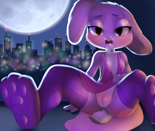 anthro arm_support buckteeth city cityscape clitoris clothed clothing clothing_lift dress dress_lift eyebrows female flat_chested front_view fur genitals half-closed_eyes iris legwear loli looking_at_viewer moon narrowed_eyes night nipple_outline no_underwear open_mouth pawpads presenting presenting_vulva pupils purple_clothing purple_eyes purple_legwear sitting sky solo spread_legs spreading teeth thigh_highs tongue upskirt vulva young young_anthro young_female furnut lagomorph leporid mammal rabbit absurd_res hi_res