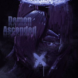 ambiguous_gender clothed clothing eyebrow_piercing eyebrows eyelashes facial_piercing fog front_view glowing glowing_halo hair hair_over_eye half-closed_eyes halo horn long_hair narrowed_eyes neutral_expression not_furry paint_drip piercing solo text x_mouth demon_ascended dez_trully_(demon_ascended) angel_demon demgel demon hybrid 1:1 colored digital_drawing_(artwork) digital_media_(artwork) english_text headshot_portrait portrait shaded signature nonbinary_(lore)