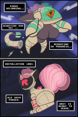 corruption dialogue glitch machine mind_control solo text transformation virus trevor-fox nintendo pokemon team_rocket min_(grandiose252) aquatic fish generation_1_pokemon pokemon_(species) robot shark vulpix 2:3 english_text hi_res