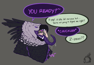 anthro anthro_pred beak black_beak black_body black_feathers bodily_fluids chuckle chuckling dialogue duo eyewear eyewear_on_head feathers glurk goggles goggles_on_head grey_background human_prey larger_pred logo longue male male/male male_pred male_prey oral_vore purple_eyes purple_tongue saliva sharp_teeth simple_background size_difference speech_bubble talking_to_pred talking_to_prey teeth text tongue vore white_body white_feathers zeanlain zeanlain_(character) accipitrid accipitriform avian bird eagle harpy_eagle human mammal 2023 artist_logo colored english_text hi_res