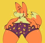 alien anthro bulge canid canine clothing crotch_focus food fox heart_symbol male mammal nintendo pattern_clothing pattern_underwear pizza pokeball pokemon rubber_duck simple_background slideshow smile solo squishy_(artist) striped_clothing striped_underwear stripes tobi_(squishy) underwear yellow_background
