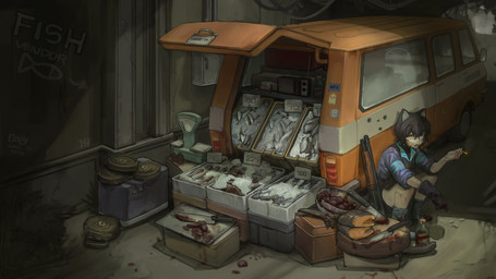 ammunition black_hair blood blood_on_boots blood_on_face blood_on_gloves bodily_fluids boots bottle bullet_hole cigarette cleaver_(knife) clothed clothed_female clothed_humanoid clothing container crouching cutlery detailed_background directional_arrow female fish_meat food footwear gloves graffiti gun hair handwear holding_cigarette holding_object ice kitchen_knife kitchen_utensils knife ks-23 looking_at_viewer meat medium_truck open_mouth purple_eyes ranged_weapon shoes shotgun smoking smoking_cigarette solo tally_marks text tools truck van vehicle weapon weighing_scale western_tally_marks vodnik animal_humanoid cat_humanoid felid felid_humanoid feline feline_humanoid humanoid mammal mammal_humanoid 16:9 2025 absurd_res alternate_version_at_source english_text hi_res widescreen