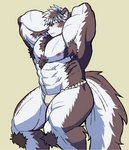 abs anthro armpit_hair asian_clothing blush body_hair canid canine canis clothed clothing crouching digital_media_(artwork) east_asian_clothing fundoshi fur fur_tuft hands_behind_head horkeu_kamui_(tas) japanese_clothing lifewonders male mammal muscular muscular_anthro muscular_male nipples pecs pink_nipples ryulabo scar shaded simple_background solo soonico tokyo_afterschool_summoners topless tuft underwear white_clothing white_fundoshi white_underwear wolf yellow_background yellow_eyes